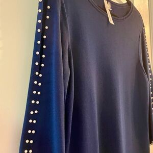 3/4 Keyhole Sleeve Navy Blouse with Pearl Accents